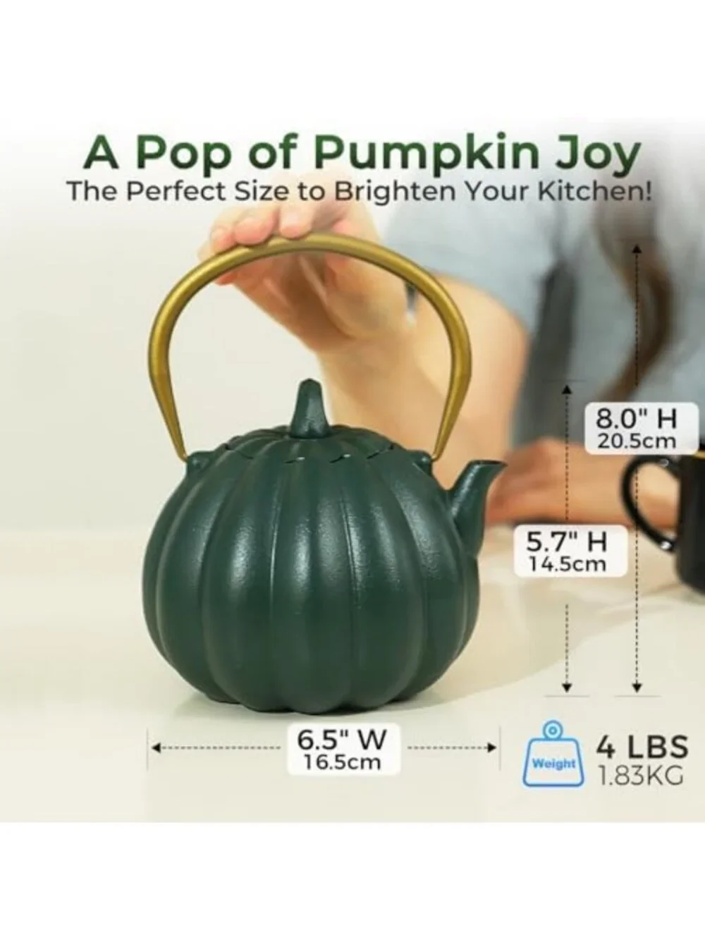 40oz Dark Green Pumpkin Cast Iron Teapot - Small Japanese Kettle for Tea Lovers